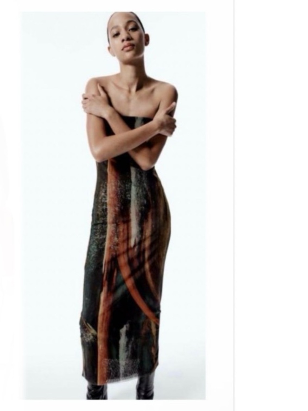 ZARA • Tulle Strapless Abstract-Print Midi Dress - Picture 3 of 12